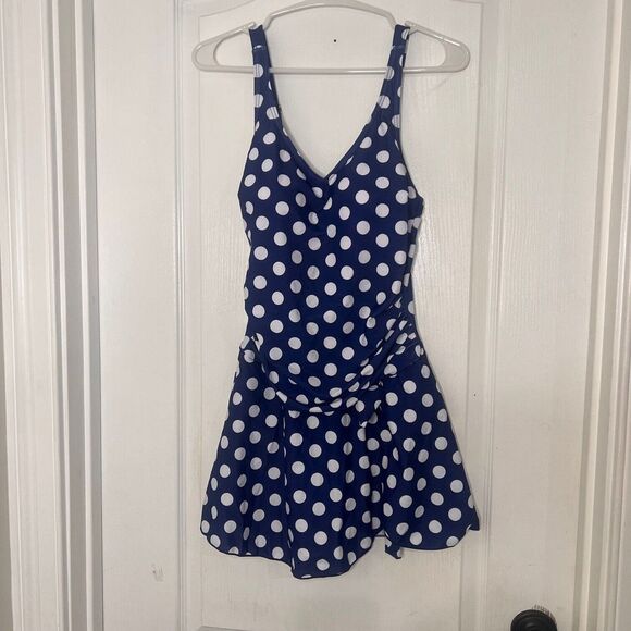 Summer Womens Bikini Sleeveless One-Piece Swimsuit Polka Dots Blue Size Medium - Picture 3 of 7